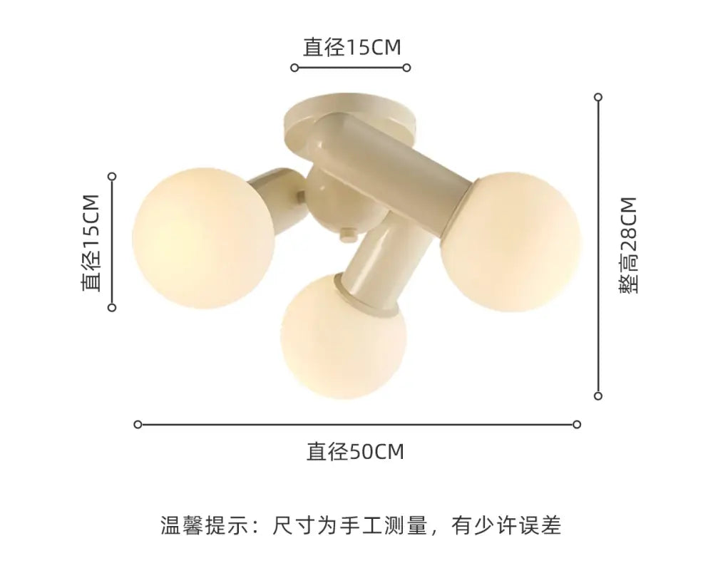 Cream wind led ceiling light with three frosted glass globes and matte cream-colored metal arms for bedroom use