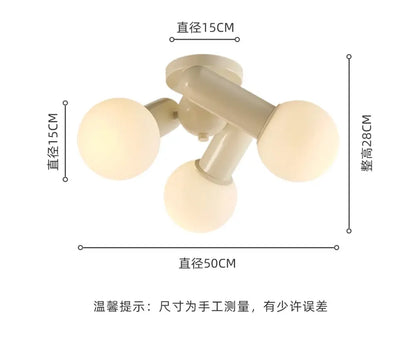 Cream wind led ceiling light with three frosted glass globes and matte cream-colored metal arms for bedroom use