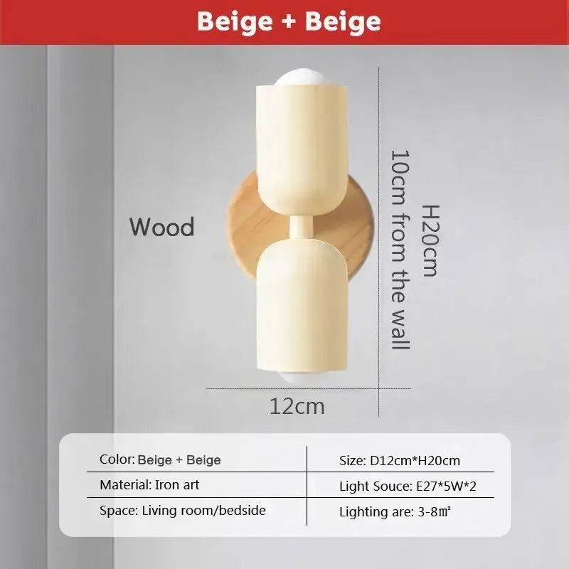 Beige two-tiered iron art wall lamp with wooden backplate for bedroom illumination by decorbites cream zipper wooden