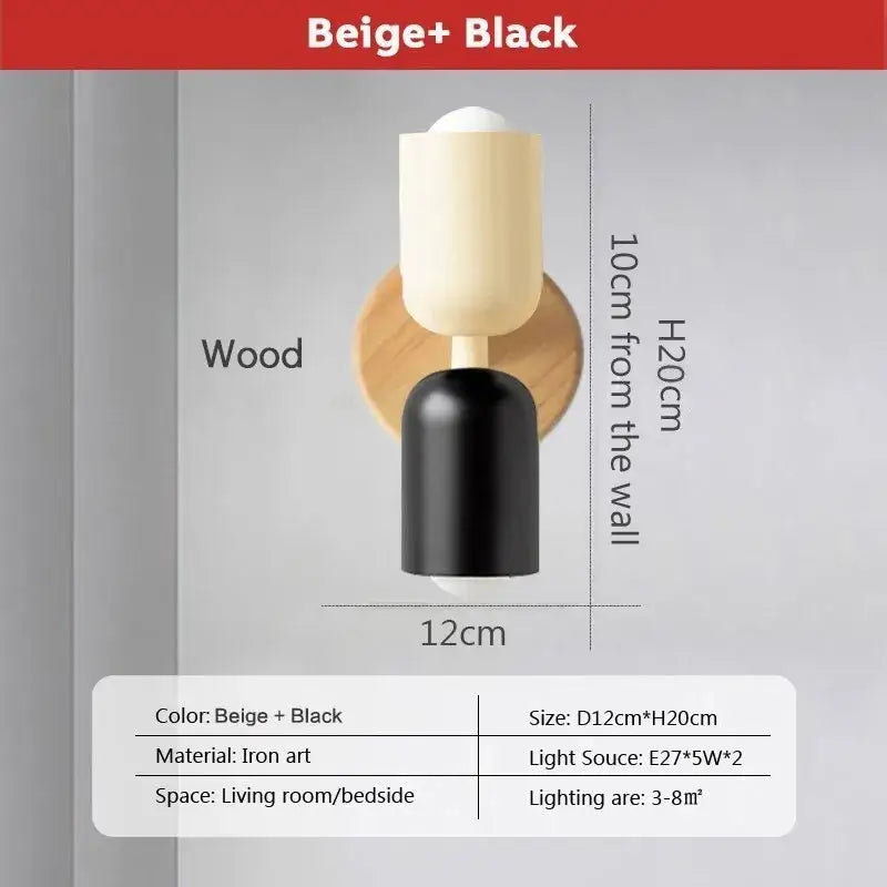 Modern cream zipper wooden wall lamp with beige and black iron art construction on wooden circular base for bedroom decorbites