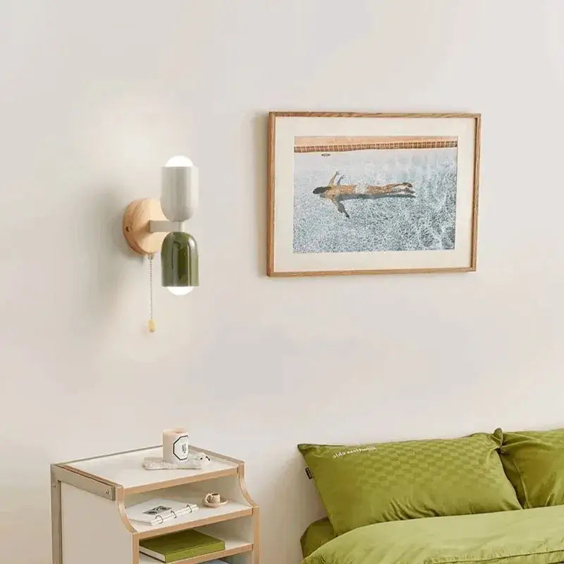 Modern cream zipper wooden wall lamp with matte white and olive green two-toned sconce for bedroom illumination
