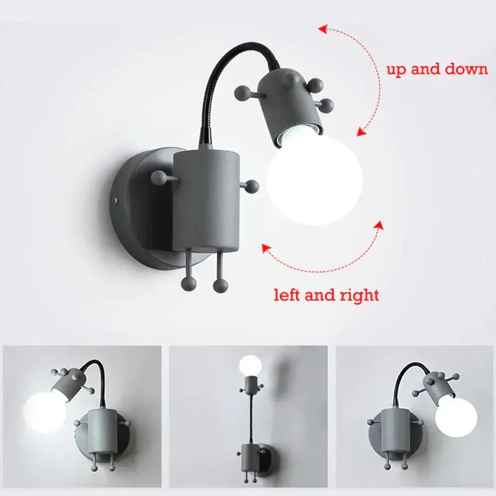 Gray adjustable wall sconce with flexible gooseneck arm featuring modern creative minimalism metal robot design