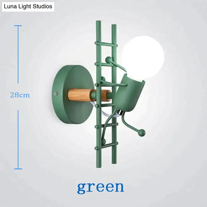 Green metal wall sconce with wooden handle and arm-shaped light fixture in modern creative minimalism style