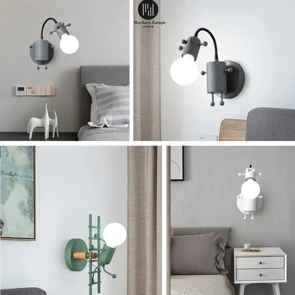 Gray creative minimalism metal robot wall sconce with articulated arm and spherical bulb for modern bedroom lighting