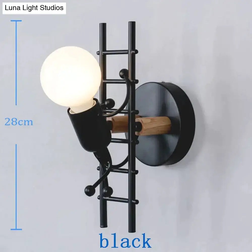 Black metal ladder-style wall sconce with wooden accent and frosted bulb, featuring modern creative minimalism design