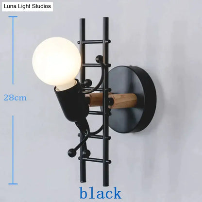 Black metal ladder-style wall sconce with wooden accent and frosted bulb, featuring modern creative minimalism design