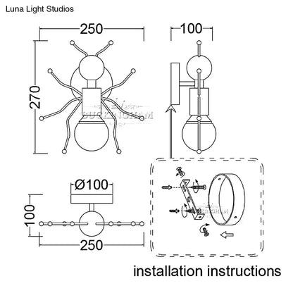 Modern creative minimalism metal robot ant wall sconce with metallic finish and spherical body segments for bedroom lighting