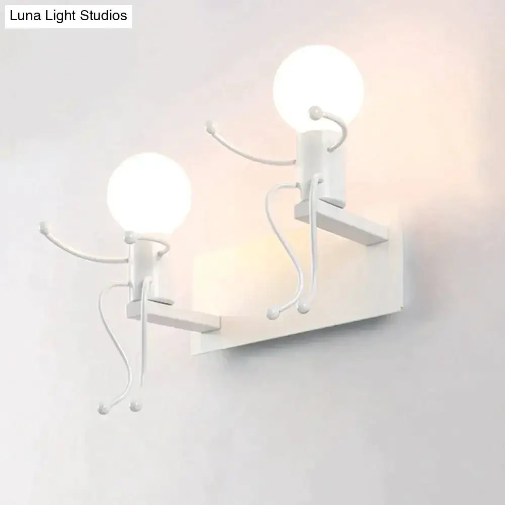 White minimalist wall sconces in modern creative minimalism metal robot design with spherical bulb heads and slender limbs
