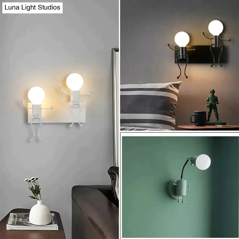 Modern creative minimalism white and black metal robot ant wall sconce with bulb-shaped heads for bedroom lighting