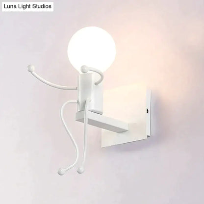 White metal wall sconce with articulated limbs and spherical bulb head showcasing modern creative minimalism design