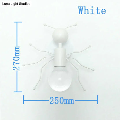 White ant-shaped wall lamp with clear glass bulb and metallic legs showcasing modern creative minimalism metal design