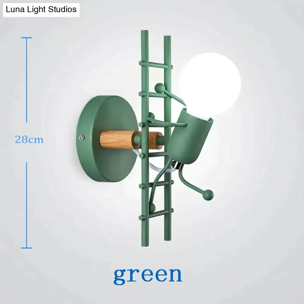 Green metal wall sconce ladder design with wooden handle and cylindrical lamp head modern creative minimalism light