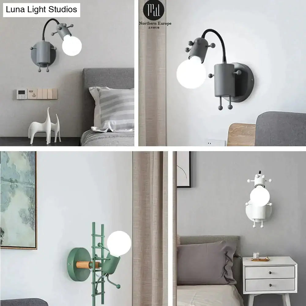 Gray modern creative minimalism metal robot wall sconce with articulated arm and spherical bulb for bedroom light