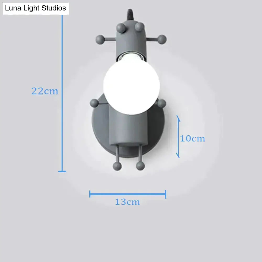 Gray modern creative minimalism metal robot ant wall sconce with spherical bulb and articulated limbs for bedroom light