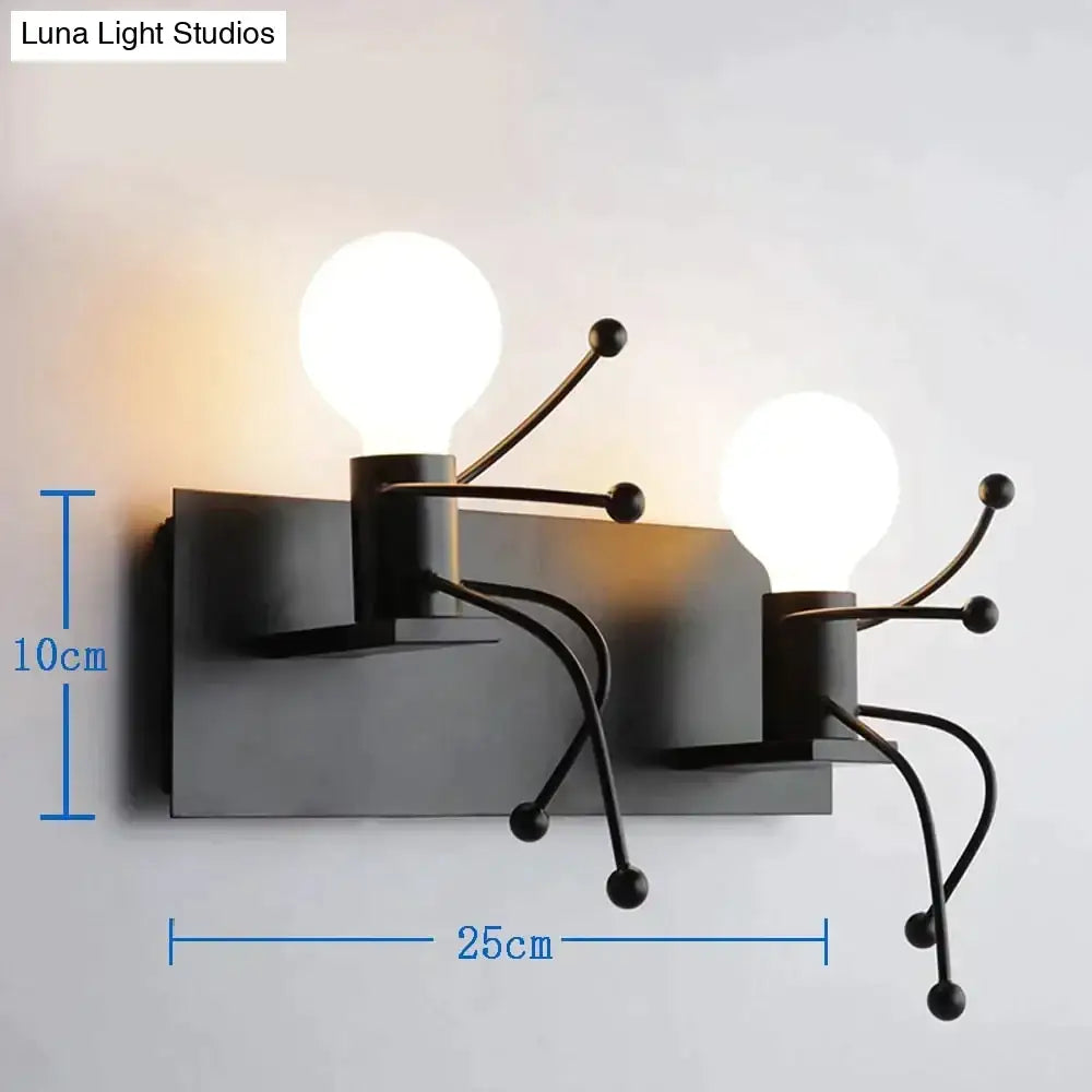 Black modern creative minimalism metal robot ant wall sconce with two exposed bulbs and articulated arms for bedroom use