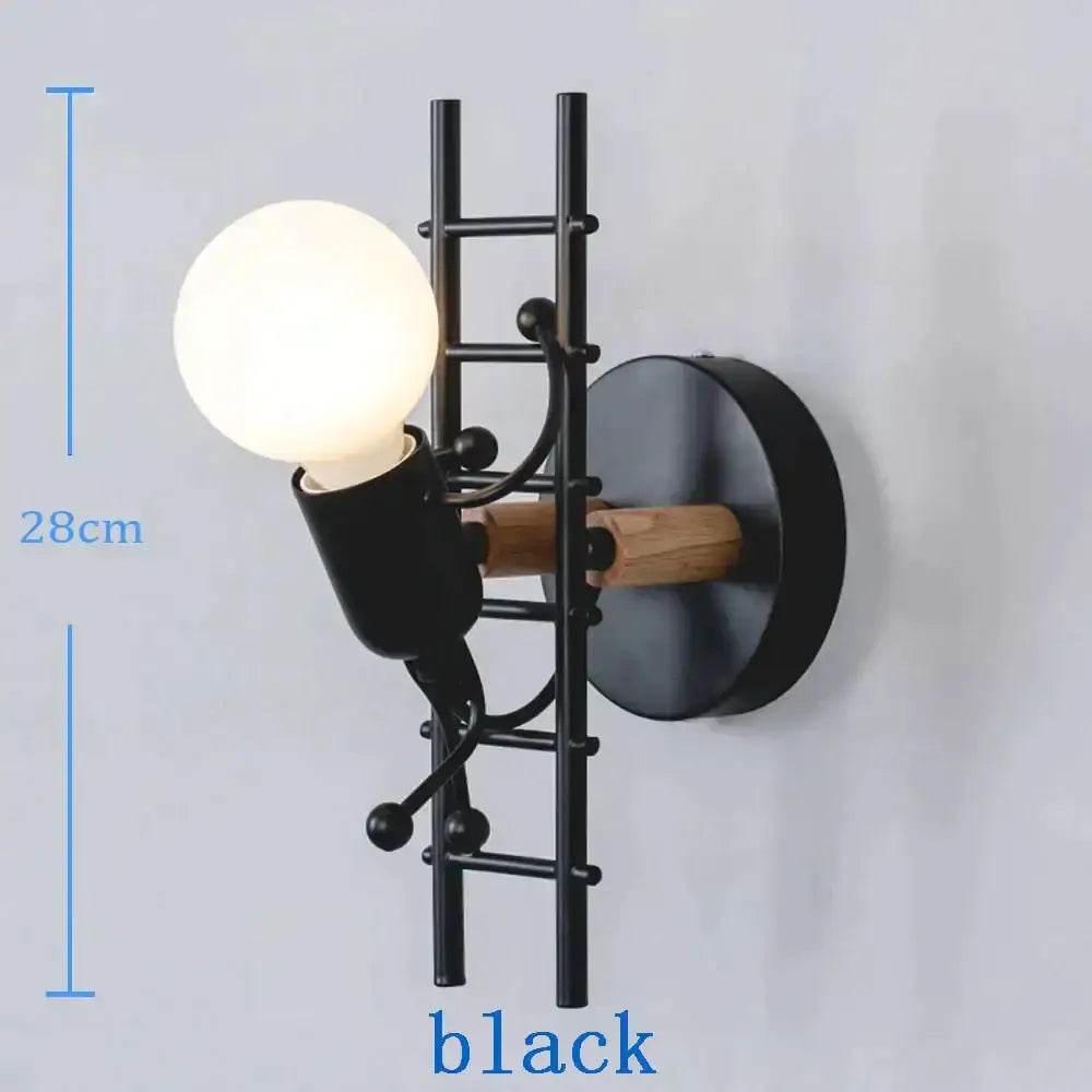Modern creative minimalism black metal ladder-style wall sconce with wooden rung and illuminated bulb for bedroom light