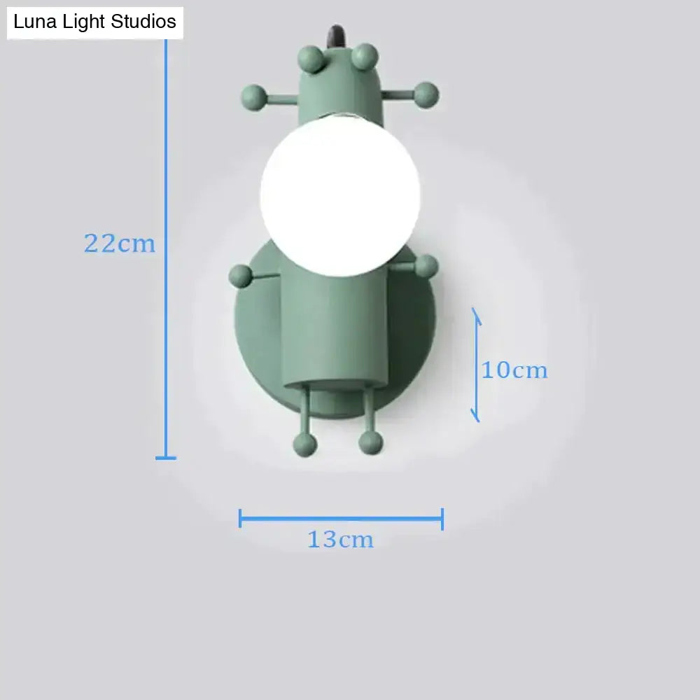 A mint green minimalism metal robot wall sconce with a round white light fixture for modern creative minimalism