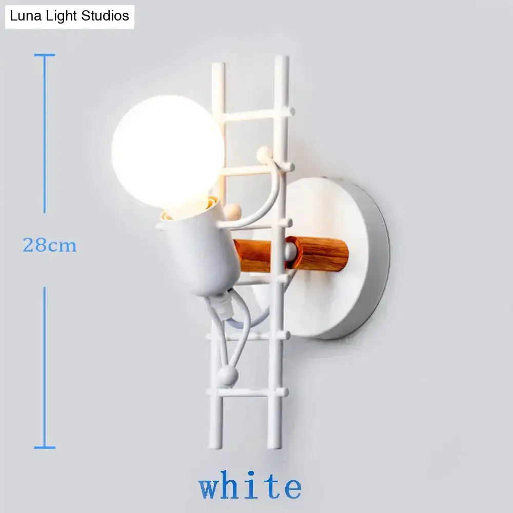 Modern creative minimalism white wall sconce with wooden rung accents and spherical bulb for bedroom lighting