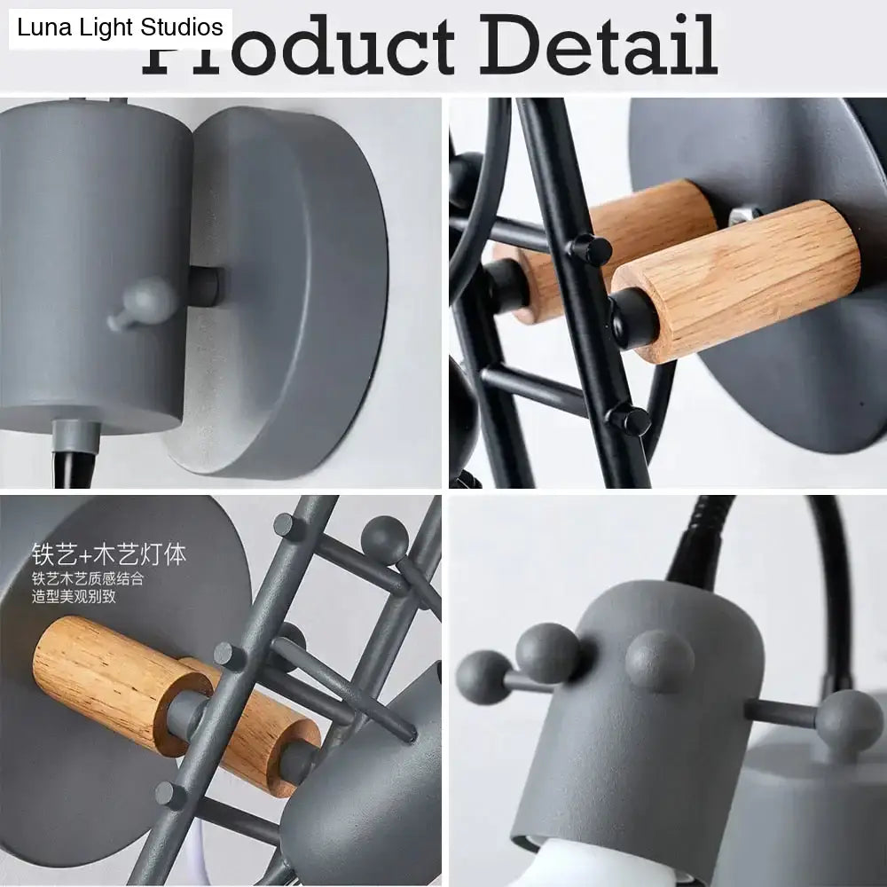 Modern creative minimalism gray metal and wood industrial wall lamp with cylindrical shades for bedroom lighting