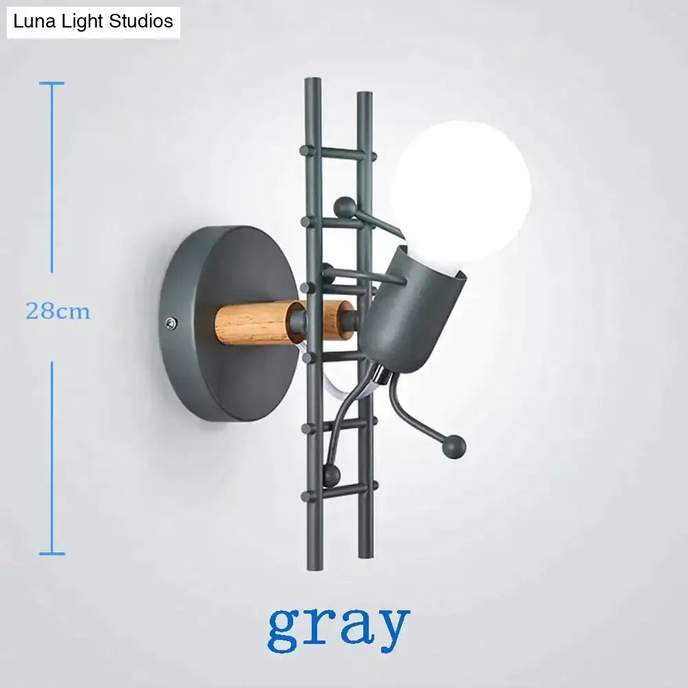Gray metal ladder-style wall sconce with wooden accent and spherical bulb in modern creative minimalism bedroom light