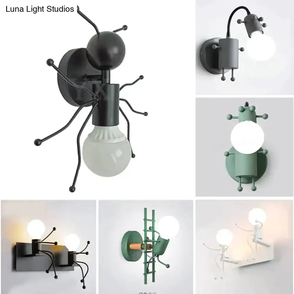 Black metal minimalism metal robot ant wall sconce with articulated legs and exposed bulb for modern creative minimalism