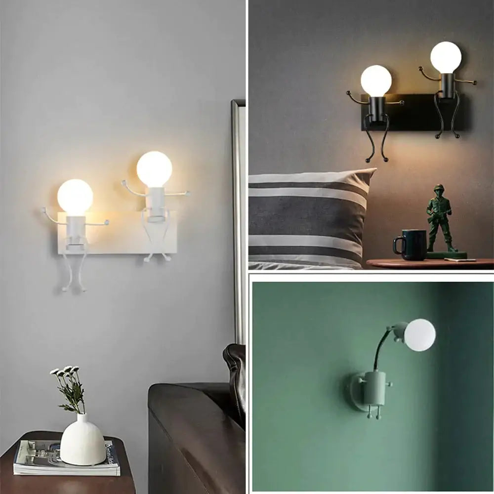 Modern creative minimalism metal robot ant wall sconces with white and black articulated arms holding glowing bulbs