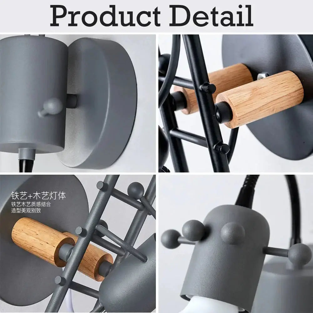 Modern creative minimalism gray metal and wood industrial-style wall lamp with cylindrical shades and wooden dowel accents