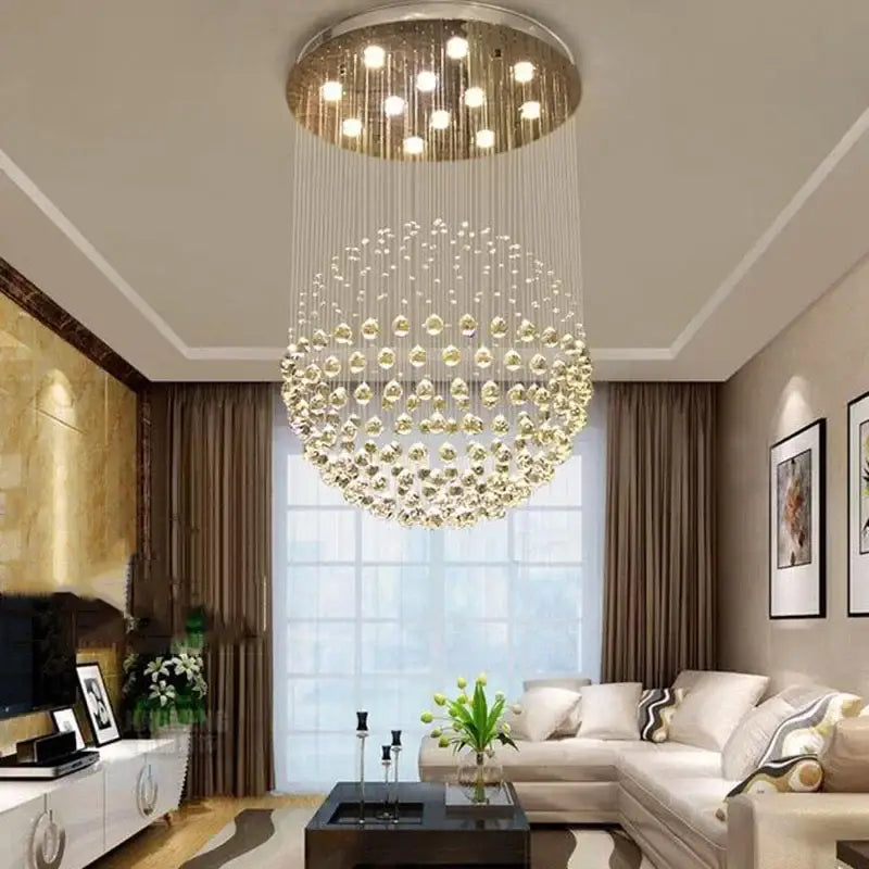 Modern crystal ball ceiling chandelier with gold-toned metallic frame and clear crystal beads for living room decorbites crystal ball