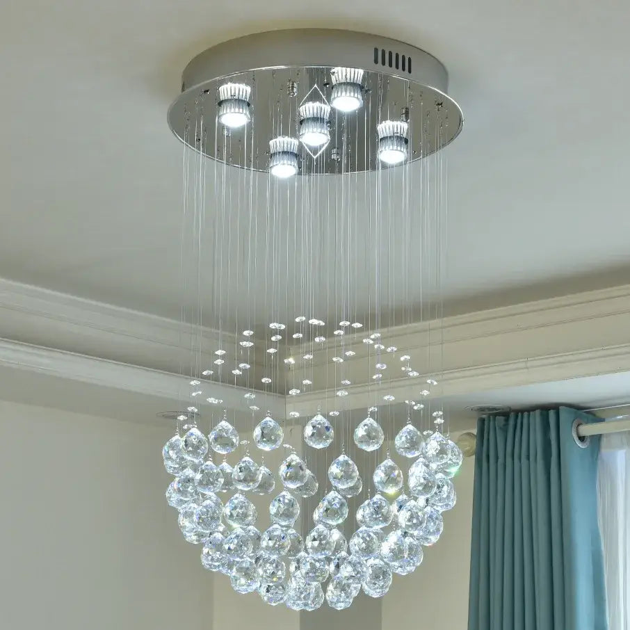 Modern crystal ball ceiling chandelier with chrome finish led lights and clear crystal teardrop pendants for living room decorbites crystal ball