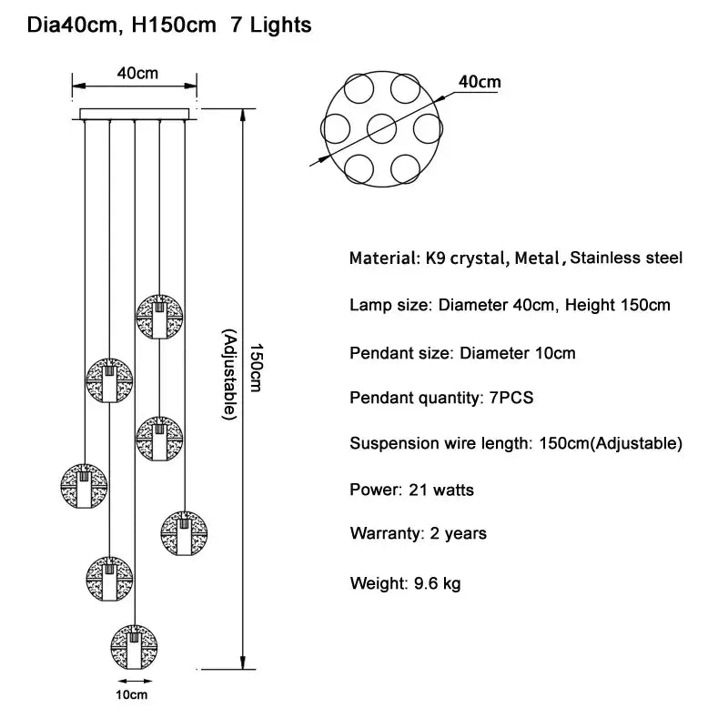 Elegant 7-light chrome ball led chandelier with k9 crystal pendants and adjustable stainless steel suspension wires for decorbites crystal ball lighting