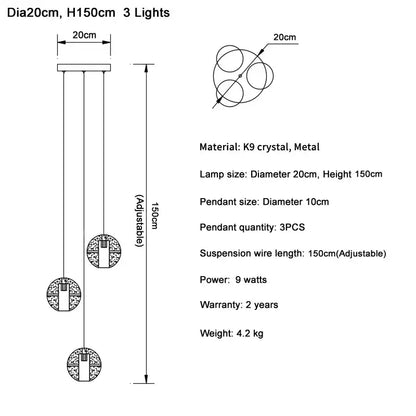 Elegant modern crystal ball led chandelier with 3 k9 crystal lights and adjustable metal suspension wires for living room decorbites crystal ball