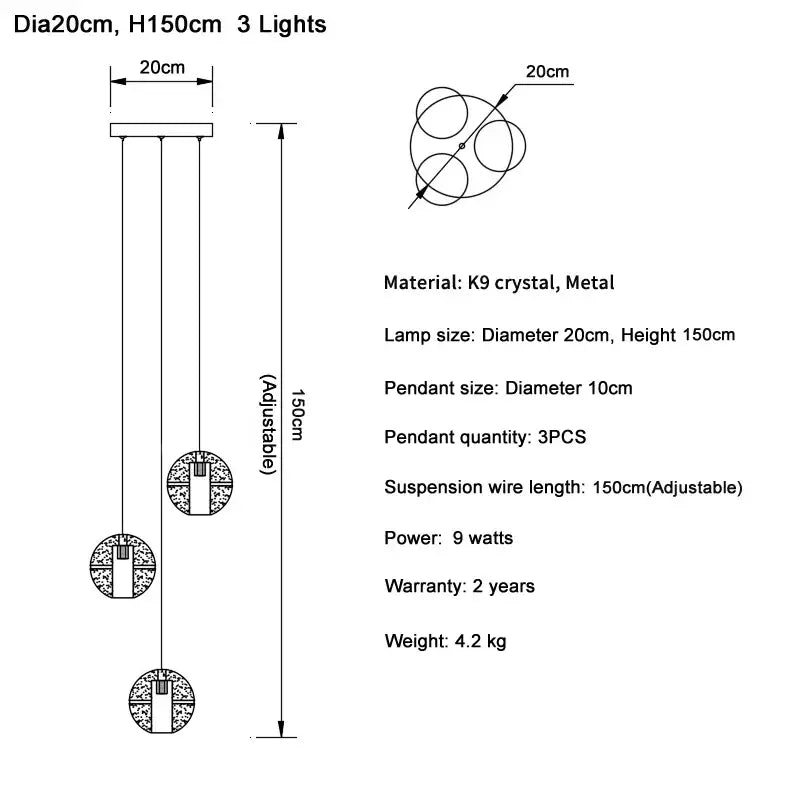 Elegant modern crystal ball led chandelier with 3 k9 crystal lights and adjustable metal suspension wires for living room decorbites crystal ball