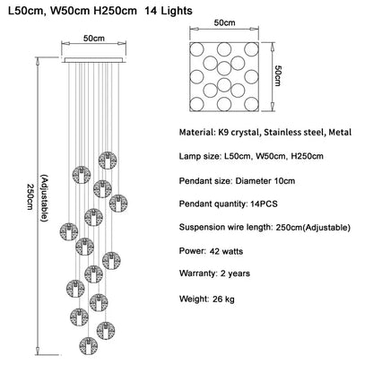 Modern crystal ball led chandelier with 14 k9 crystal and stainless steel pendants for living room decorbites crystal ball
