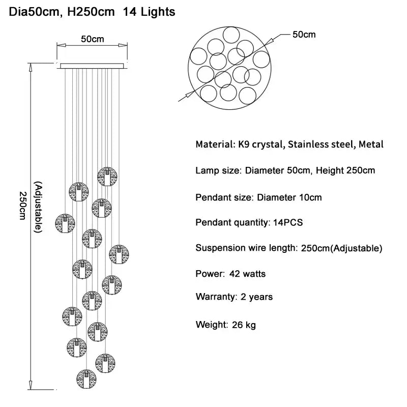 Elegant 14-light modern ball led chandelier with k9 crystal pendants and stainless steel for living room decorbites crystal ball