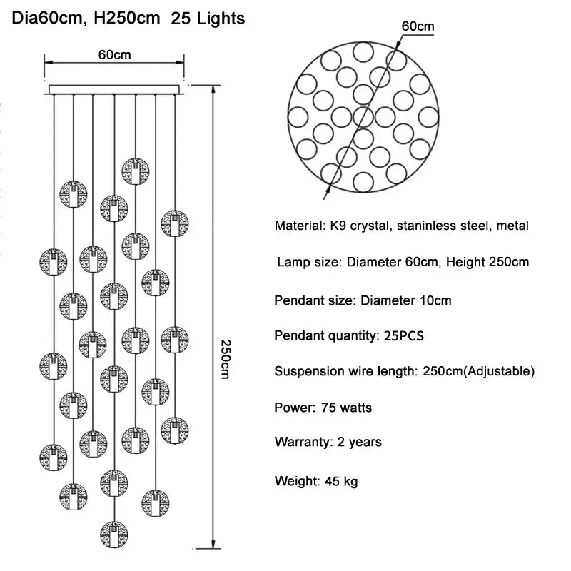 Elegant 25-light decorbites crystal ball led chandelier with k9 crystal pendants and stainless steel hardware for living room decor