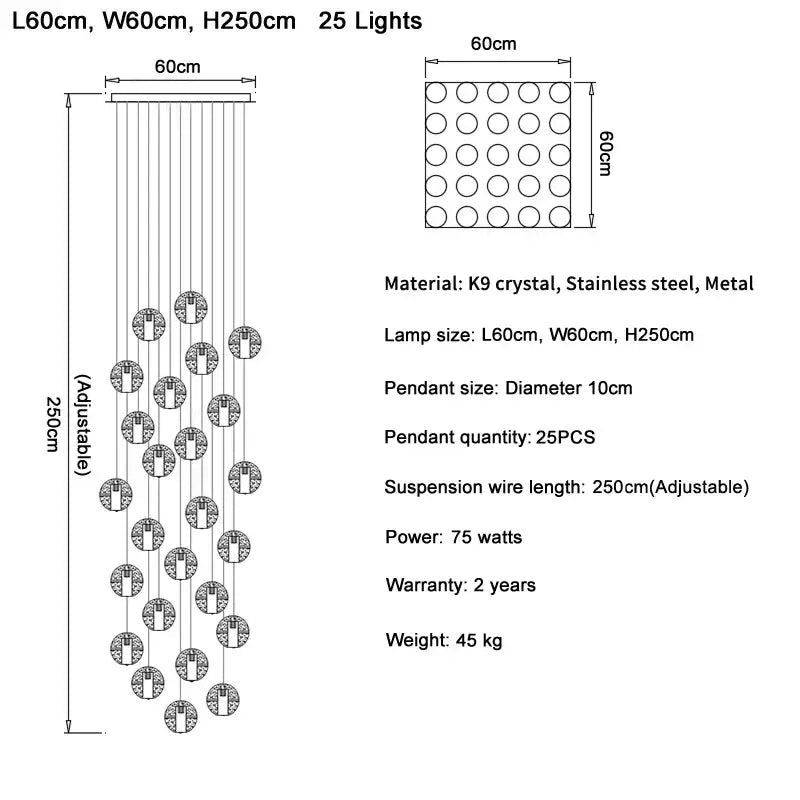 Elegant 25-light modern crystal ball led chandelier with k9 crystal pendants and stainless steel for living room decorbites crystal ball