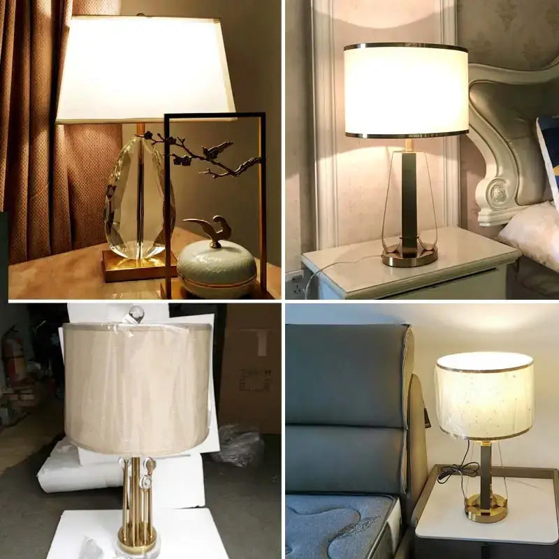 Gold-toned metal decorbites crystal bedside lamp with white cylindrical fabric shade and decorative vertical bars for bedroom light