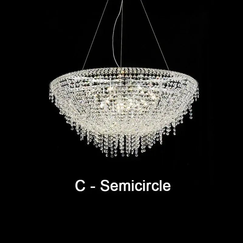 A sparkling crystal bird nest chandelier with semicircular tiers of clear glass beads and crystals for dining room pendant light