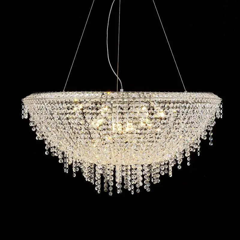 Modern crystal bird nest chandelier dining room pendant light with cascading clear crystal beads and sleek metallic frame