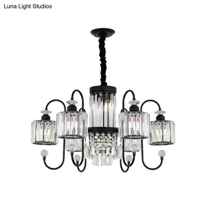 Modern Crystal Black Chandelier - 5/8 Cylindrical Heads - Suspension Light with Gooseneck Arm