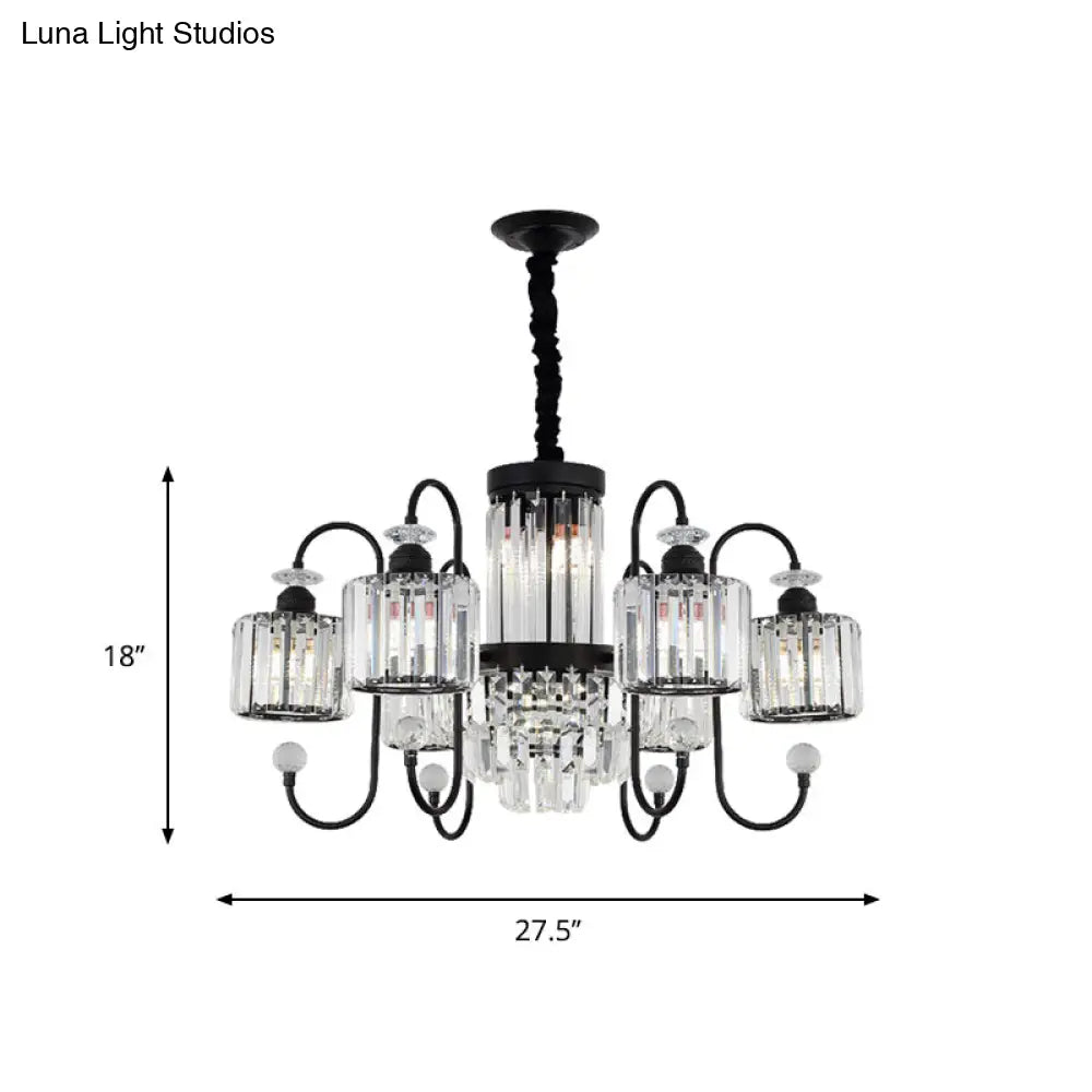 Modern Crystal Black Chandelier - 5/8 Cylindrical Heads - Suspension Light with Gooseneck Arm