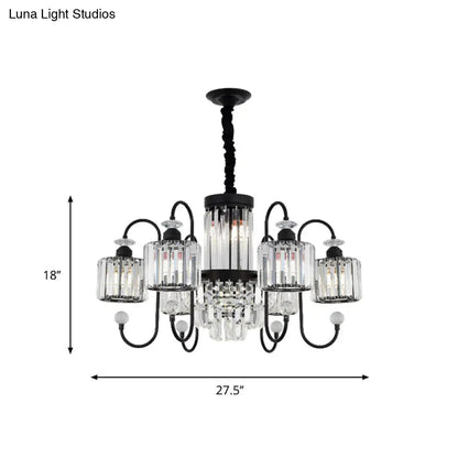 Modern Crystal Black Chandelier - 5/8 Cylindrical Heads - Suspension Light with Gooseneck Arm