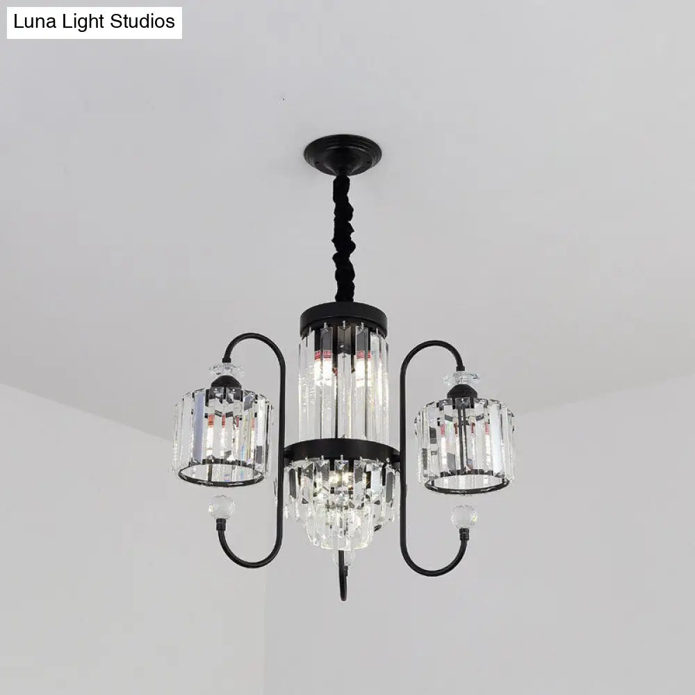 Modern Crystal Black Chandelier - 5/8 Cylindrical Heads - Suspension Light with Gooseneck Arm