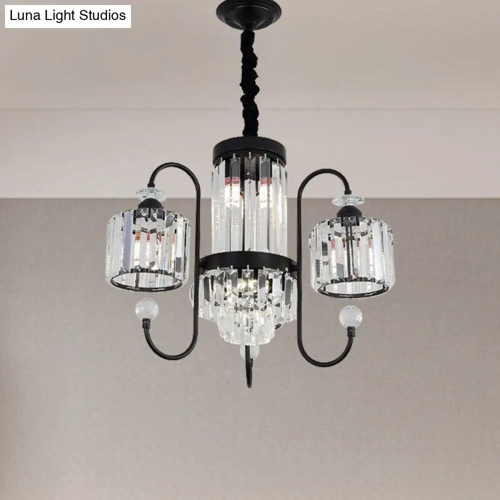 Modern Crystal Black Chandelier - 5/8 Cylindrical Heads - Suspension Light with Gooseneck Arm