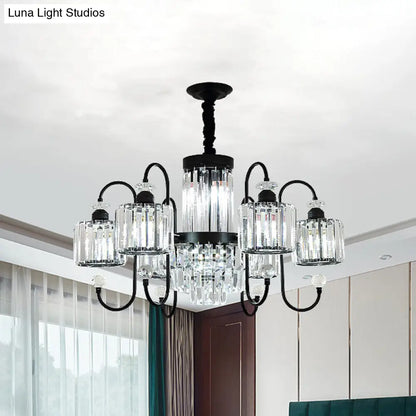 Modern Crystal Black Chandelier - 5/8 Cylindrical Heads - Suspension Light with Gooseneck Arm