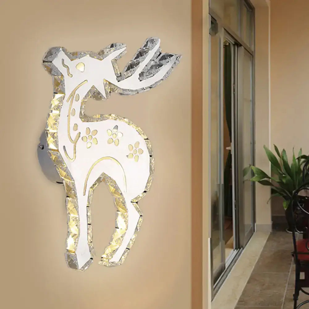Modern crystal block elk wall sconce with white led warm white light featuring gold floral patterns and mirrored glass accents