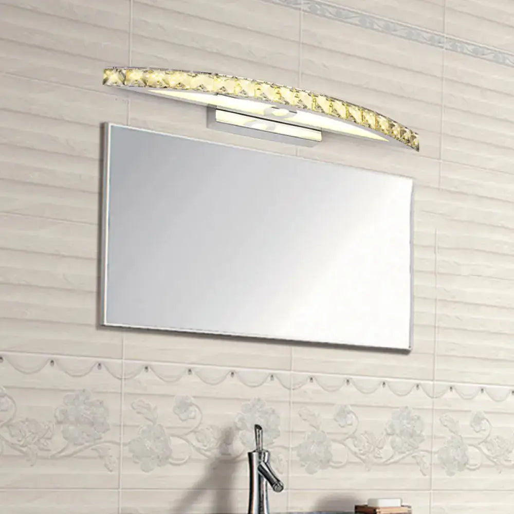 Curved gold-accented modern crystal bow bathroom sconce with clear champagne led product bulb and sleek design