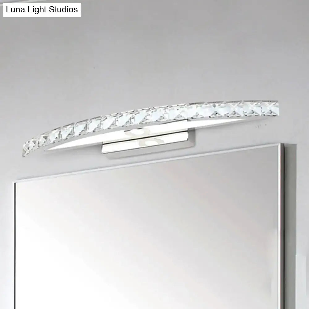 Curved crystal-accented modern bathroom sconce with clear champagne led product bulb and sleek chrome base