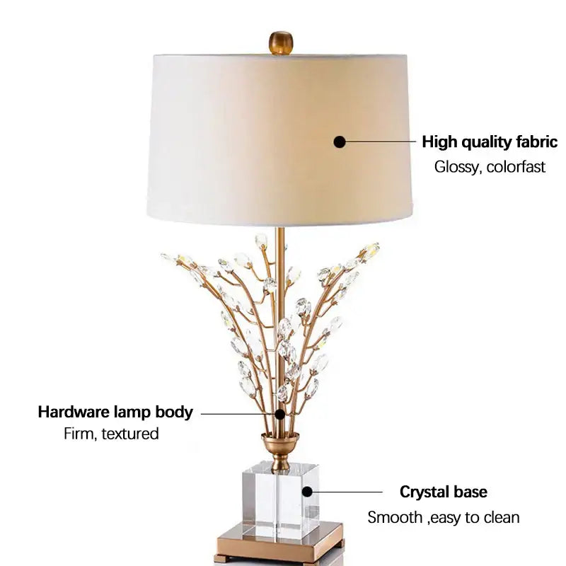Elegant gold-toned decorbites crystal branch table lamp with cream fabric shade and clear acrylic base for bedroom decor