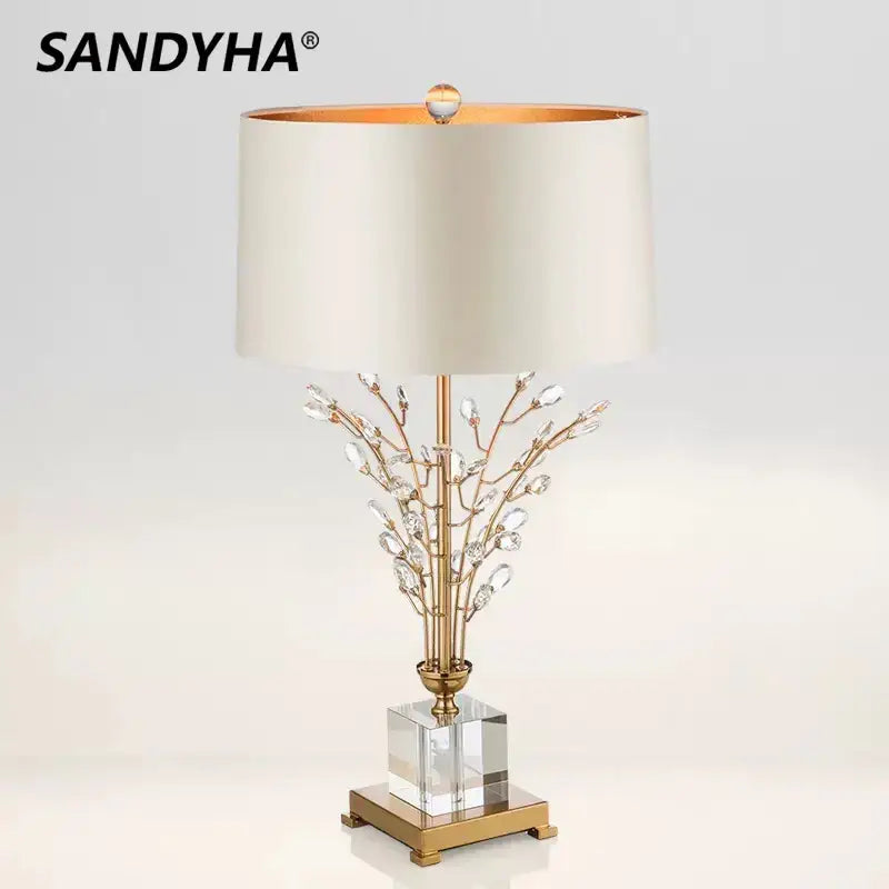 Sandyha modern crystal branch table lamp with cream satin shade gold metal base and clear acrylic pedestal for bedroom decorbites crystal branch